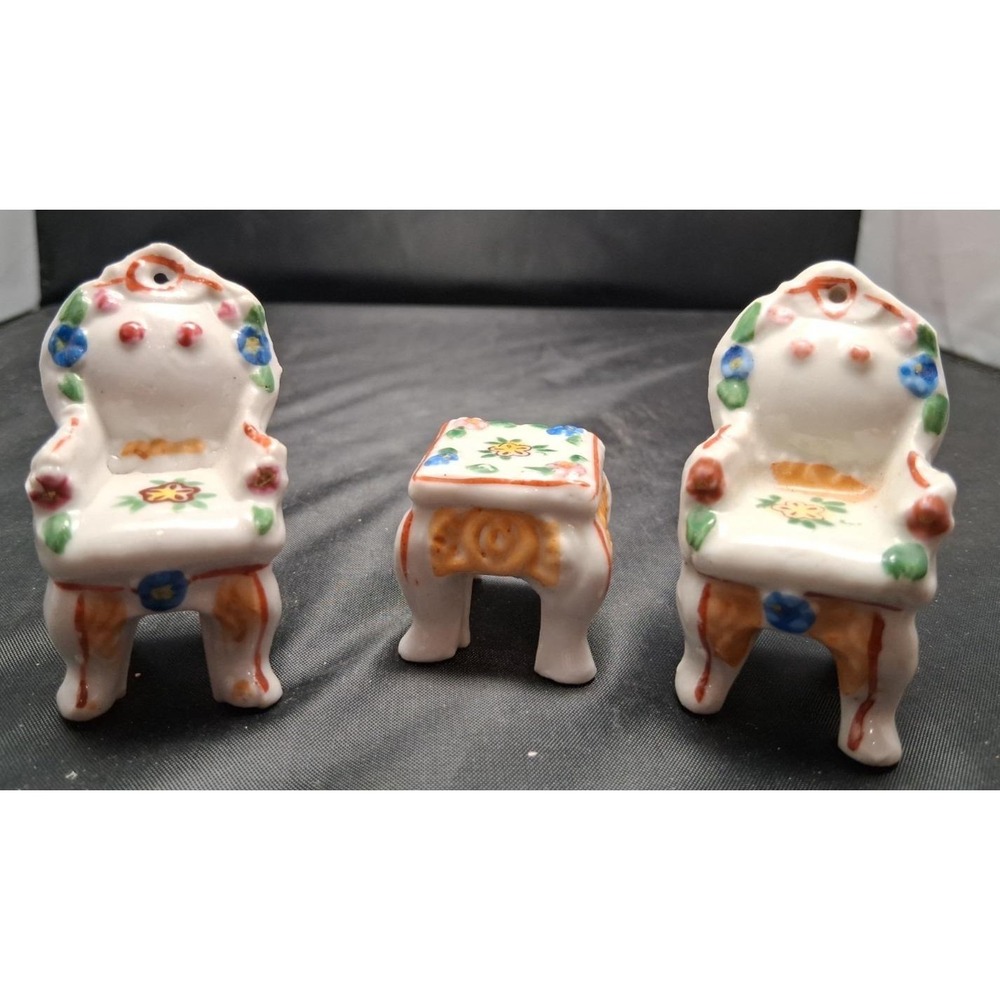 Vintage‎ Porcelain Dollhouse Miniature Furniture set: Two Chairs and Table